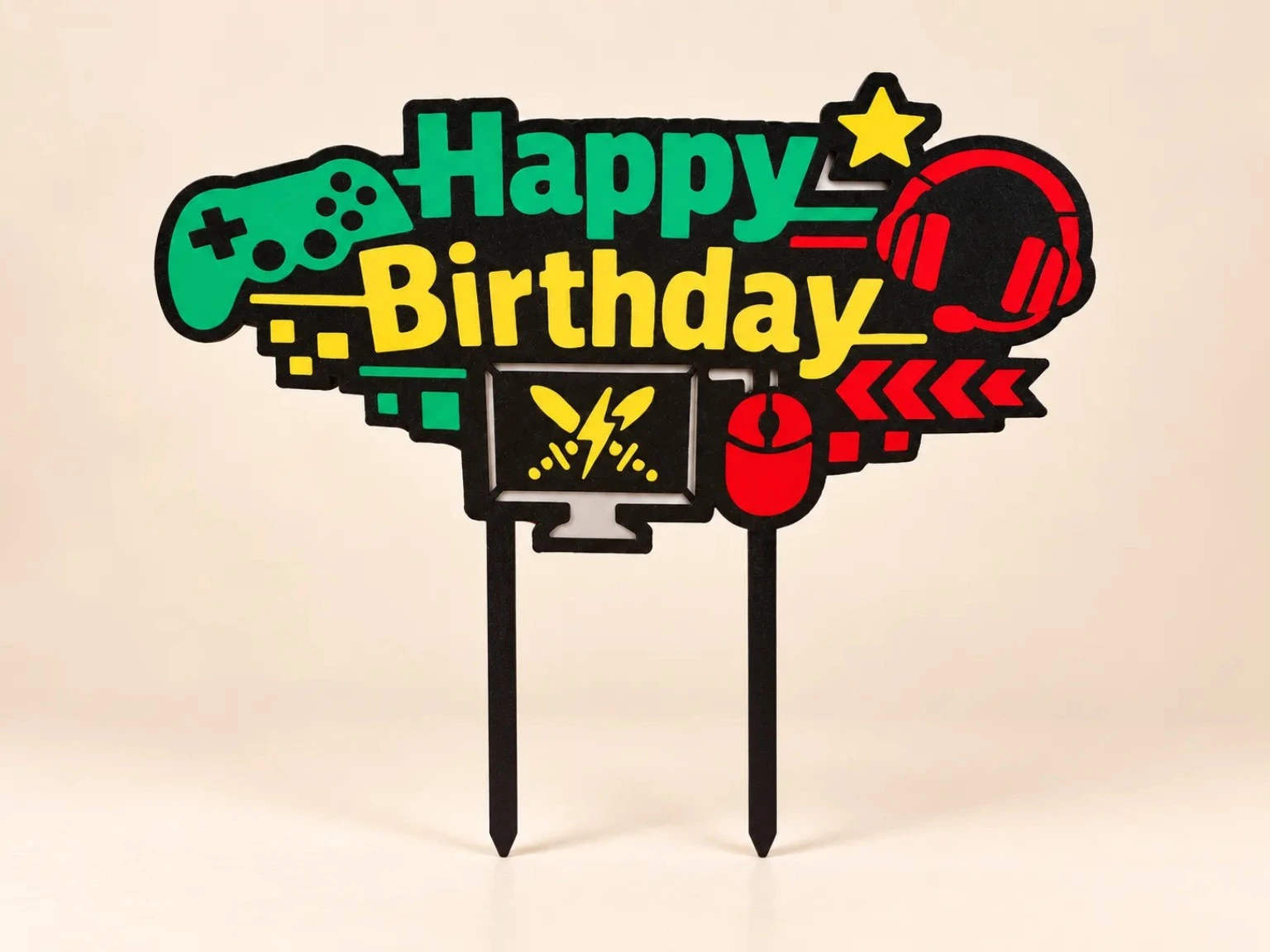 Barevný herní Happy Birthday zápich s ovladačem, sluchátky, monitorem a myší
