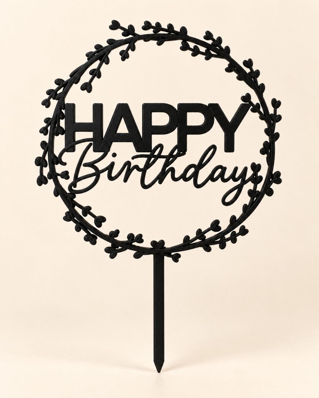 Černý Happy Birthday zápich s věncem