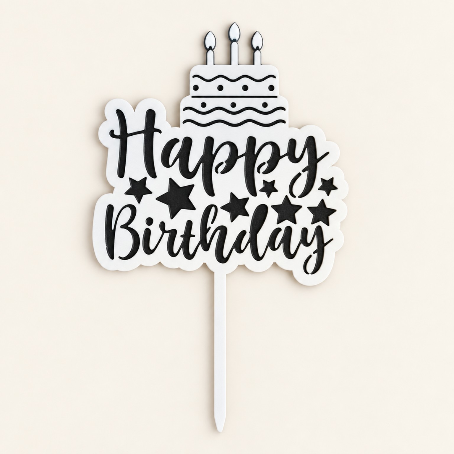 Bílo-černý zápich Happy Birthday s dortem