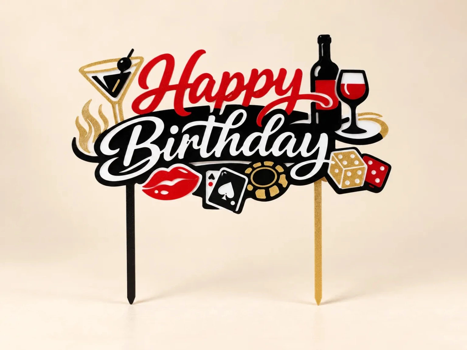 Červeno-černo-zlatý Happy Birthday párty zápich