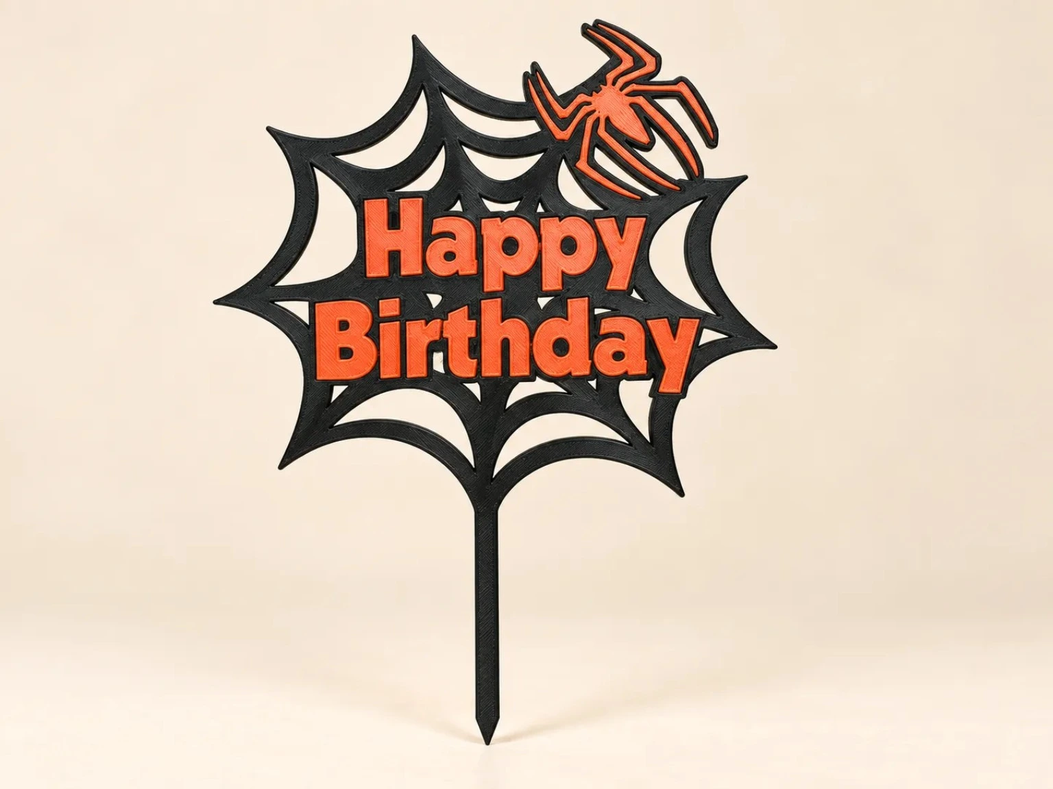 Černo-oranžový Happy Birthday zápich s pavoukem a pavučinou