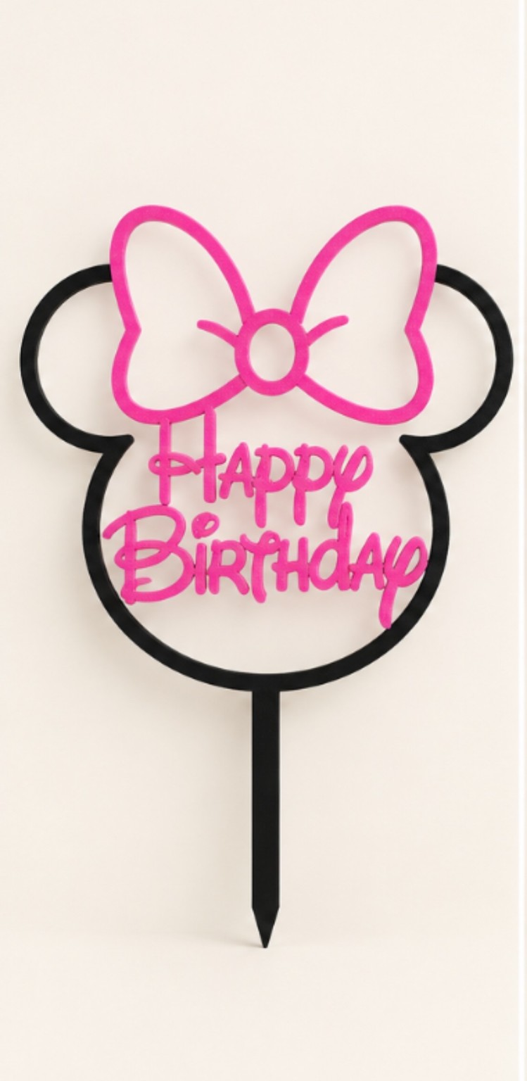 Růžovo-černý zápich Happy Birthday s mašlí