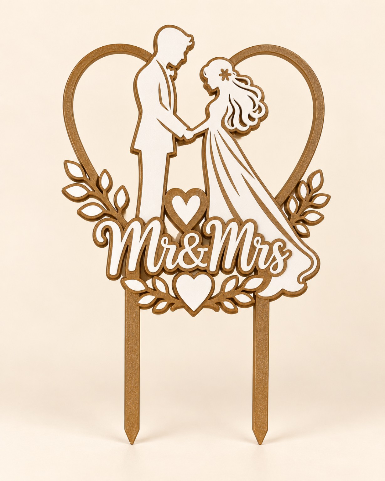 Zlatobílý svatební zápich Mr a Mrs se srdcem